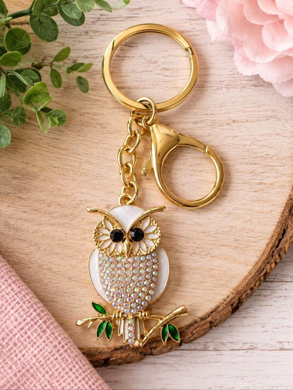Gold-tone Owl Keychain with White and Green Enamel Accents